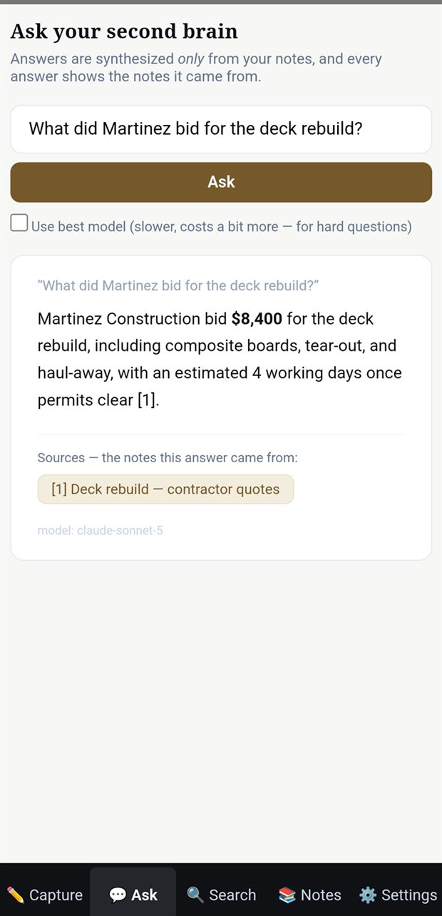 The Ask screen: a question answered from the user's notes, with source-note chips underneath.