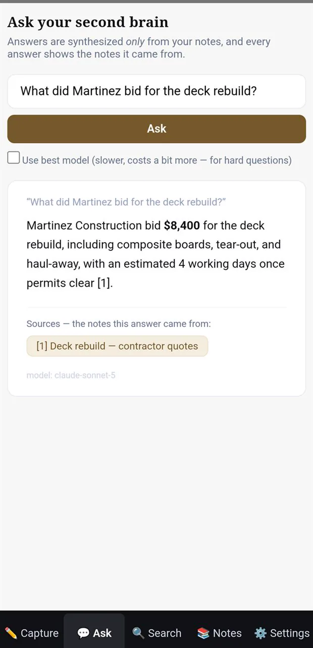 The Ask screen: a question answered from the user's notes, with source-note chips underneath.