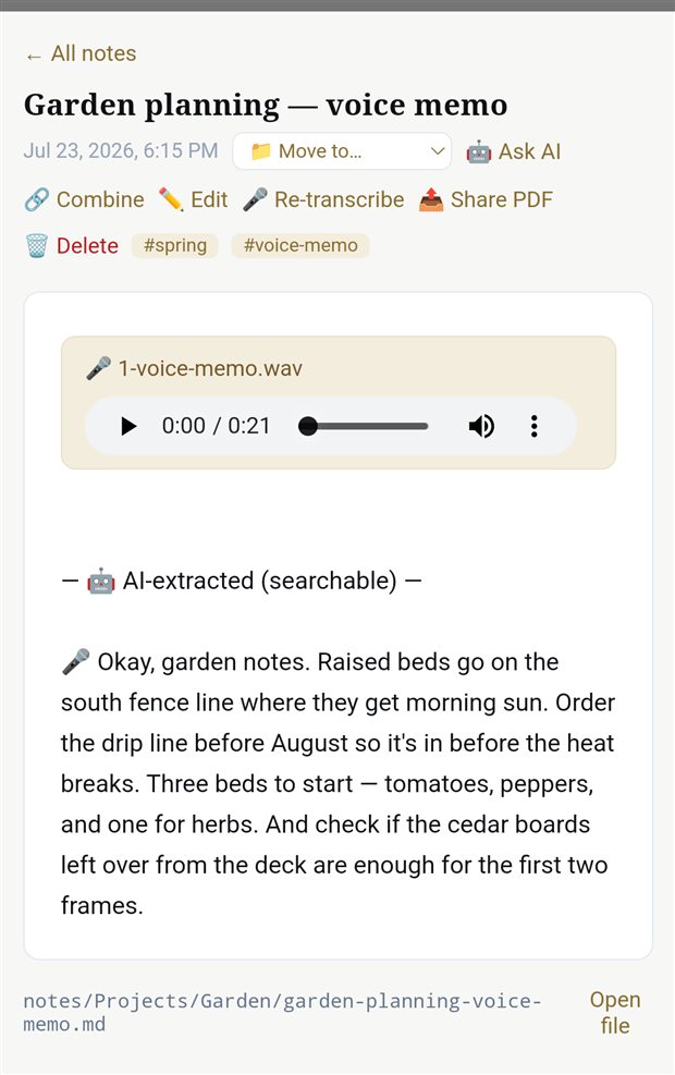 A voice memo note: the recording with its audio player at top, and the AI-extracted transcript below, searchable like any note.