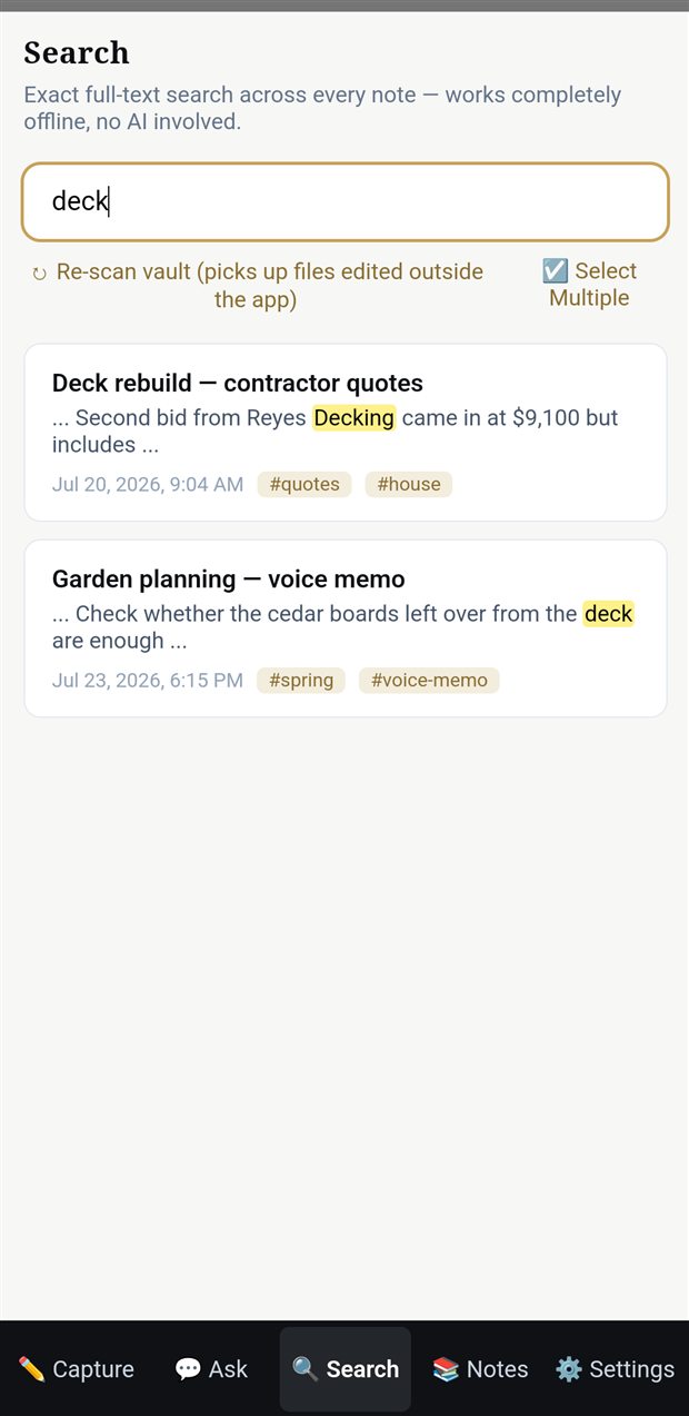 The Search screen: full-text results with matched words highlighted, working offline.