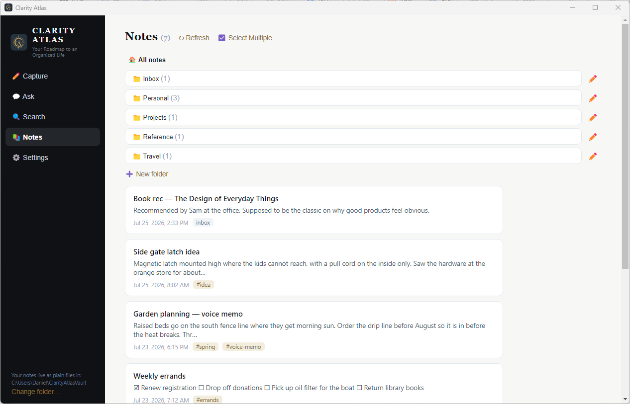 The Notes screen on desktop: notes filed into Inbox, Personal, Projects, Reference, and Travel folders.