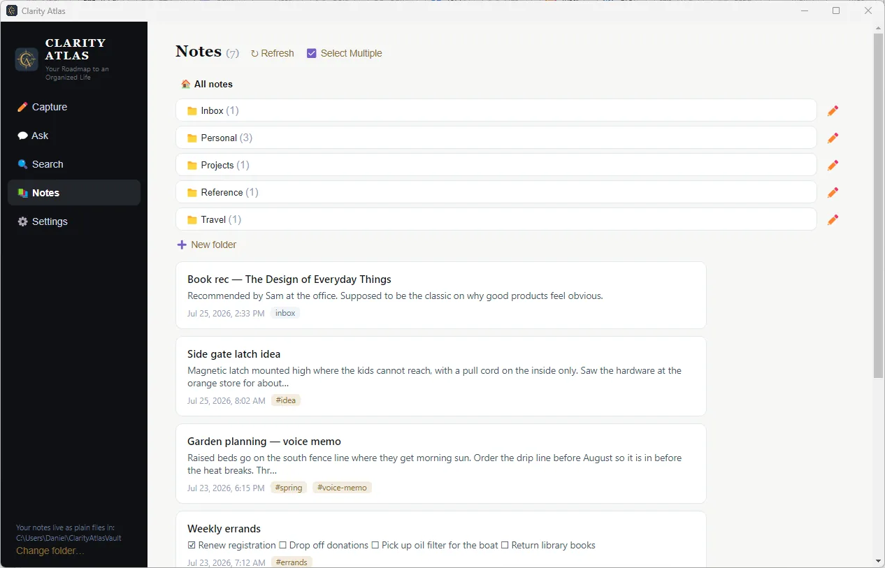 The Notes screen on desktop: notes filed into Inbox, Personal, Projects, Reference, and Travel folders.