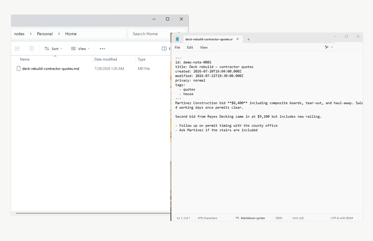 The vault open in File Explorer at notes, Personal, Home — and the same Markdown note open in Notepad, frontmatter and all.